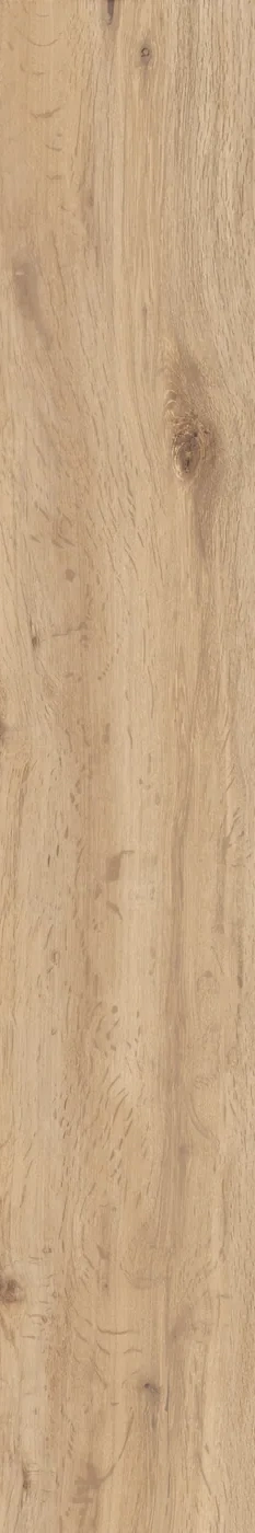 Honigfarbene Holzoptik-Fliese 20x120 cm mit warmer Maserung, dunklem Ast und feinen Rissspuren.