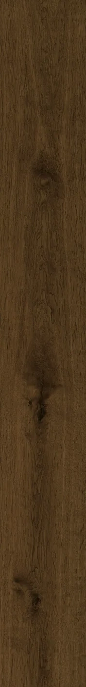 Dunkelbraune Holzoptik-Fliese 18,5×150 cm in matter Eichenoptik mit kräftiger Maserung und tiefen Astdetails.
