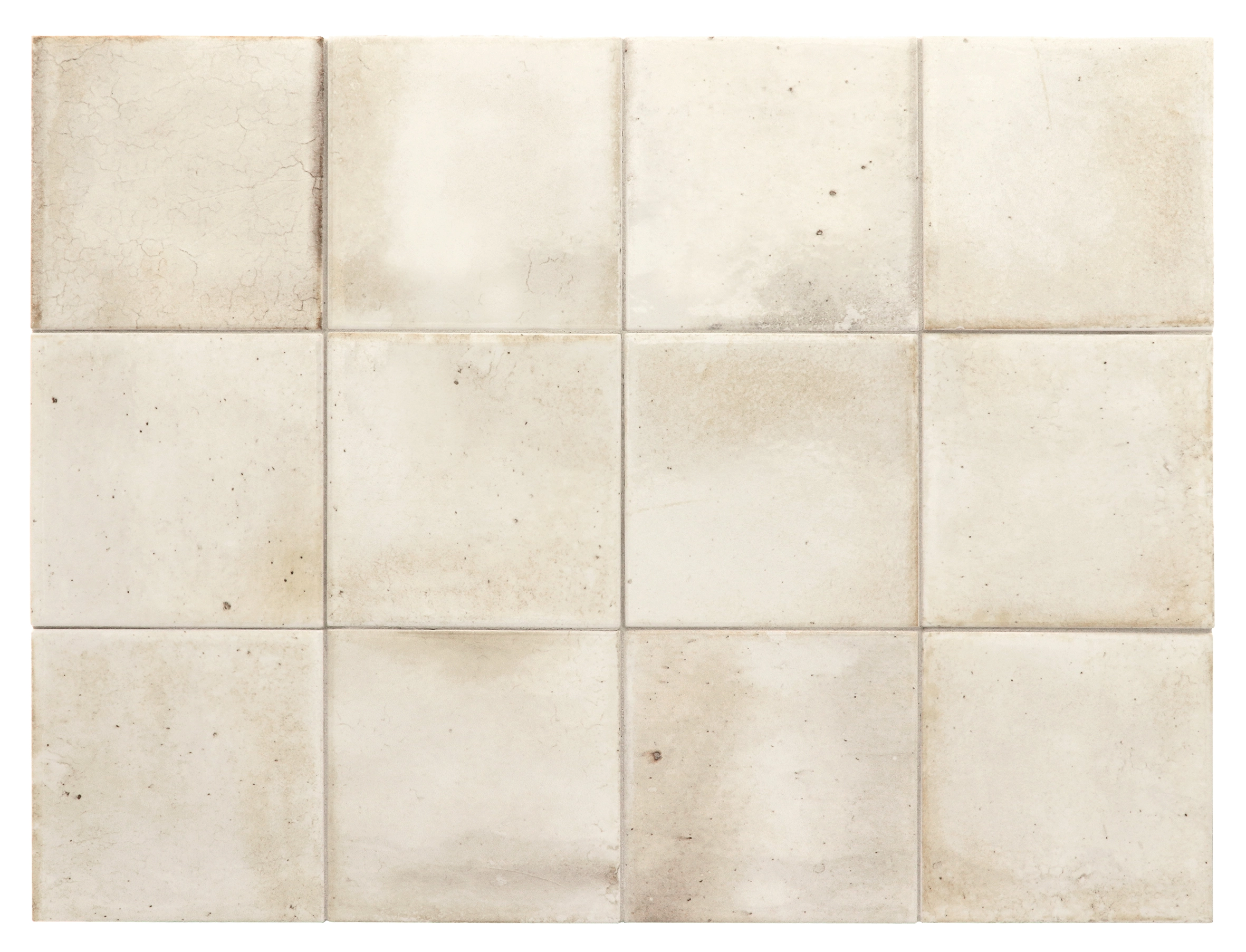 Verlegte Hanoi White Wandfliesen im Format 10x10 cm. Lebhafte V4 Variation der Glasur, im Raum verbaut.