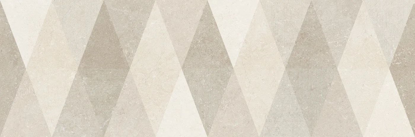 Dekorfliese 40×120 cm mit Rautenmuster in Elfenbein, Sand und Taupe, teils glatt und teils mit feinen Rillen strukturiert.
