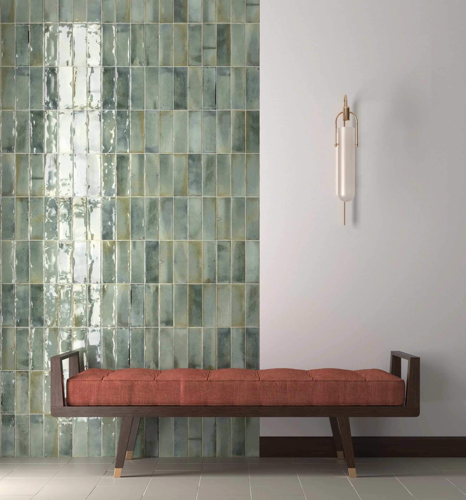 Raumszene mit verlegten Hanoi Wandfliesen in Celadon Glasur, Showroom im Vintage Stil.