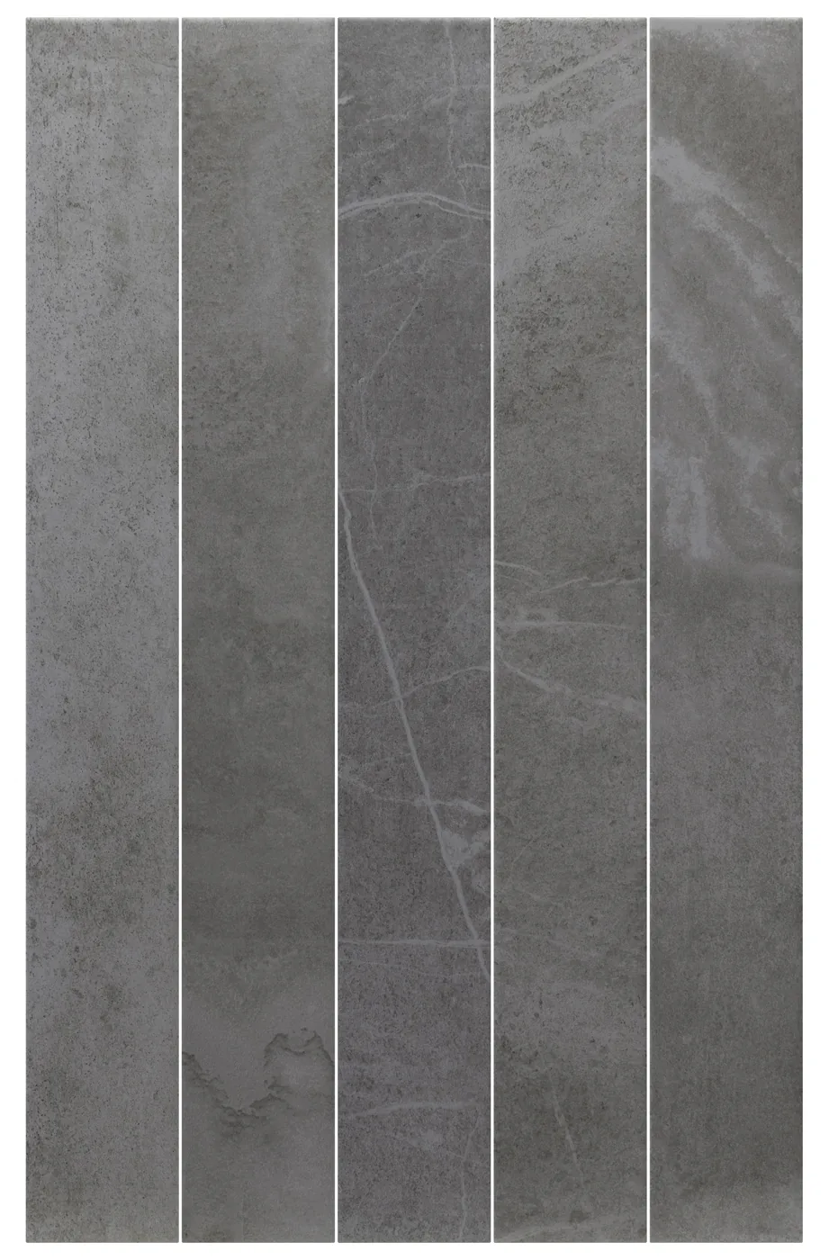 Equipe Marmoris Anthracite: funf matte Riemchen 7,5x60 cm in Anthrazitgrau mit dezenter Marmoraderung, frontal.