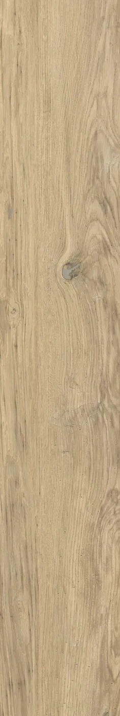 Fliese in Holzoptik Beige 14,5x90 cm, naturhelle Eiche mit ausgeprägter Fladerung und einem Astloch