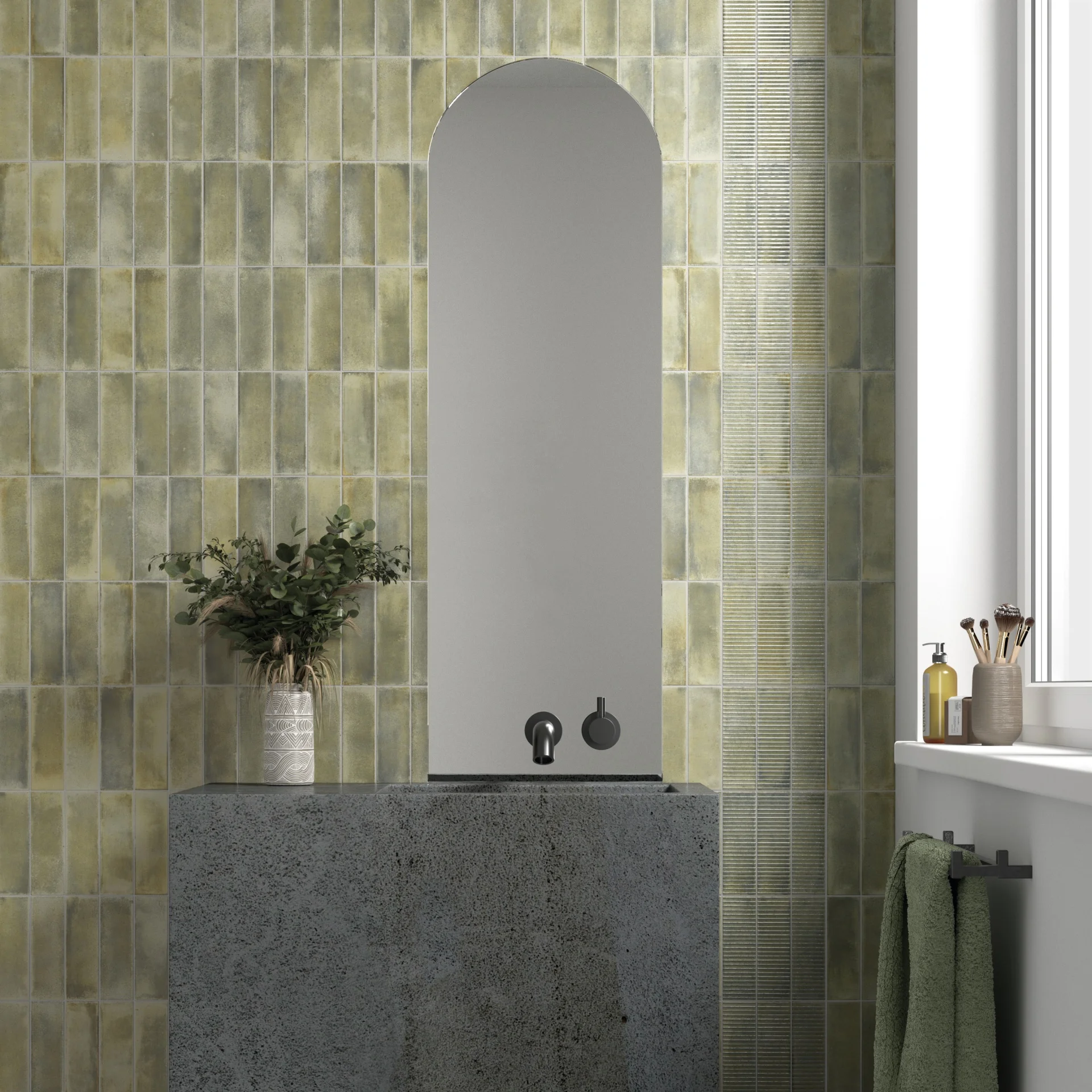 Equipe Raku Sage matt - Badezimmer mit salbeigruener Wandfliese