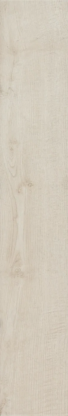 Sehr helle, cremeweiße Holzoptik-Fliese 14,5×90 cm mit feiner Längsmaserung, leichten Sägespuren und kleinen Astaugen.