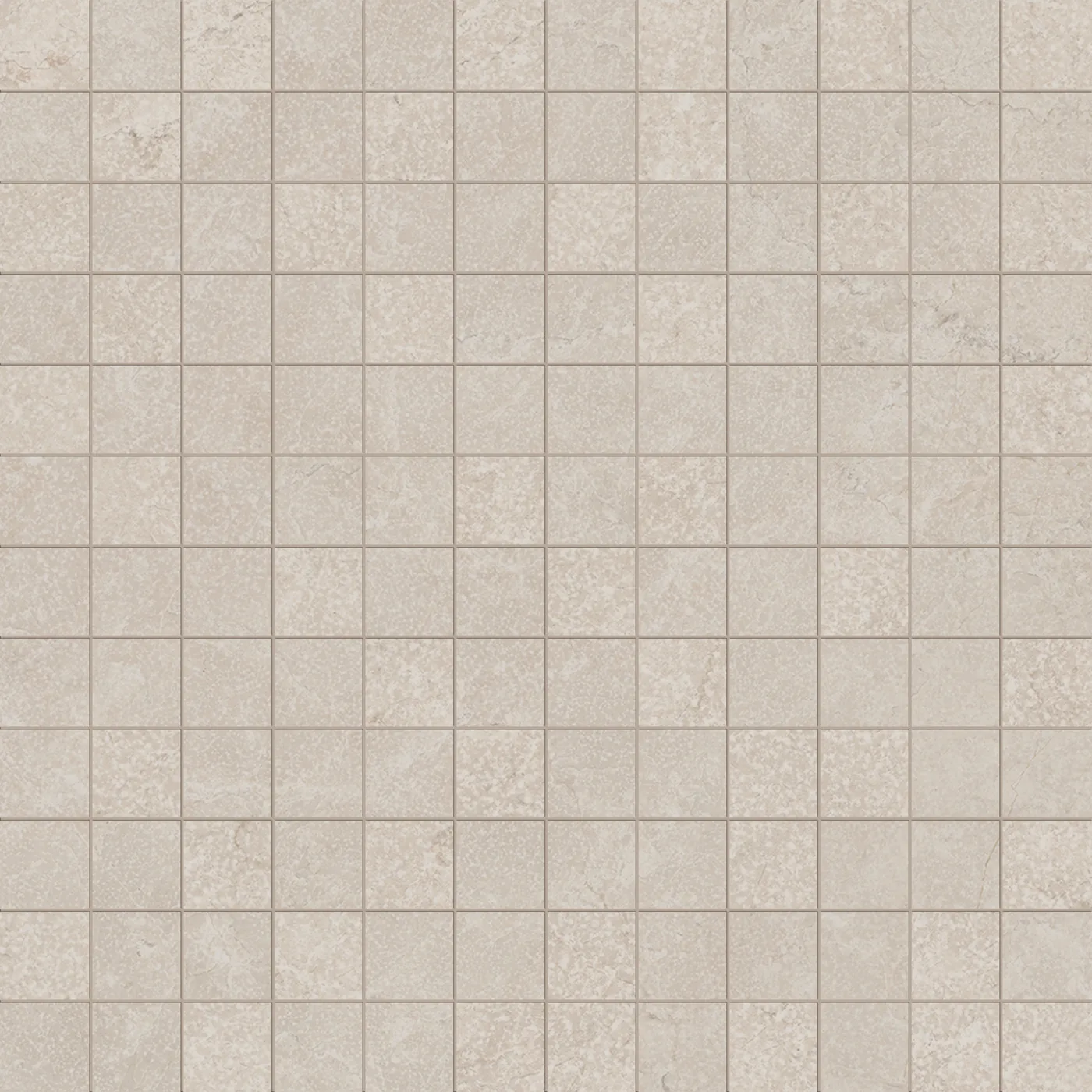 Graubeige Mosaikmatte 30x30 cm aus kleinen quadratischen Steinen in matter Steinoptik mit feinen Fugen im Raster.