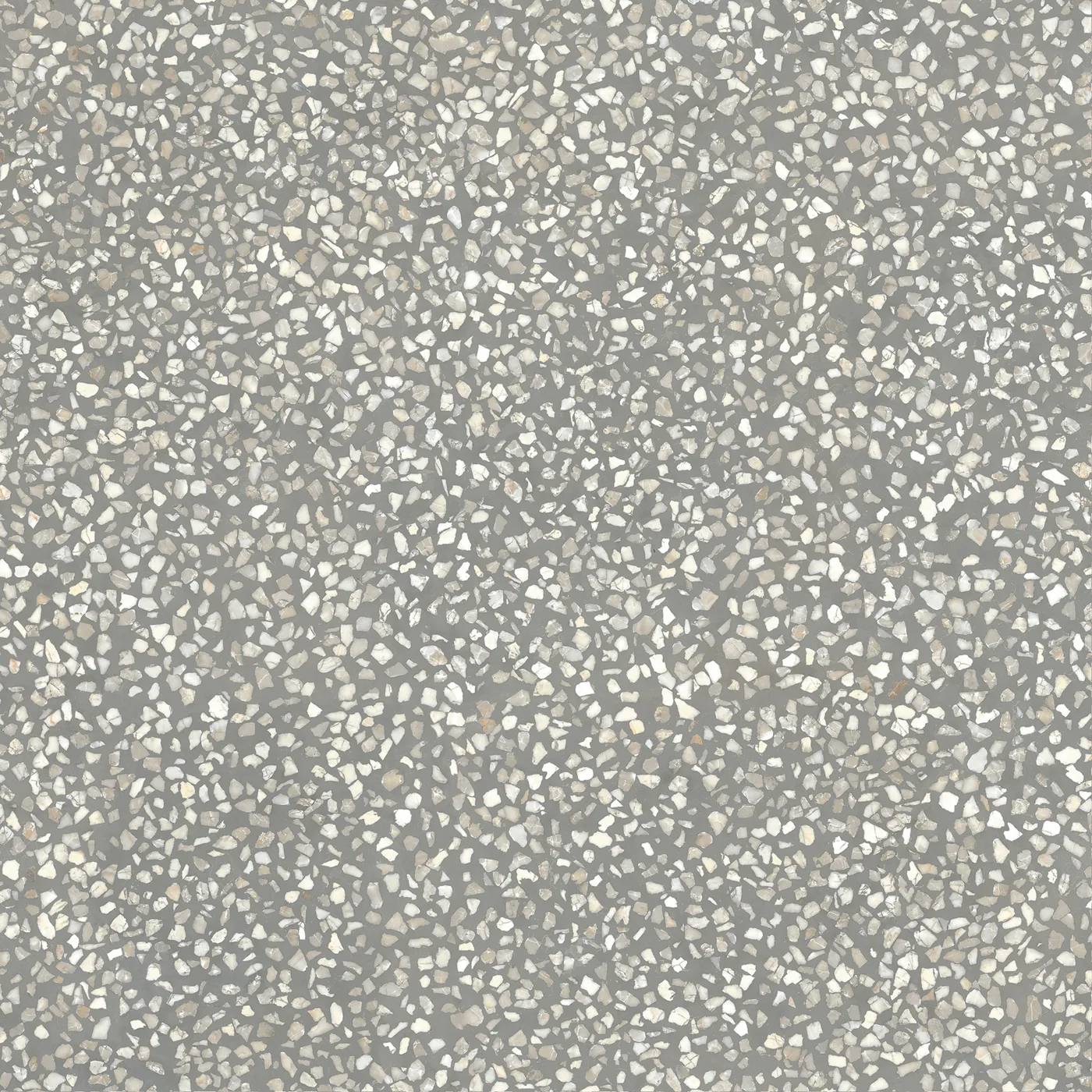 Kühl blaugraue Terrazzo-Fliese 60×60 cm, matt, mit weißen, dicht gestreuten Marmorsplittern über die Fläche.