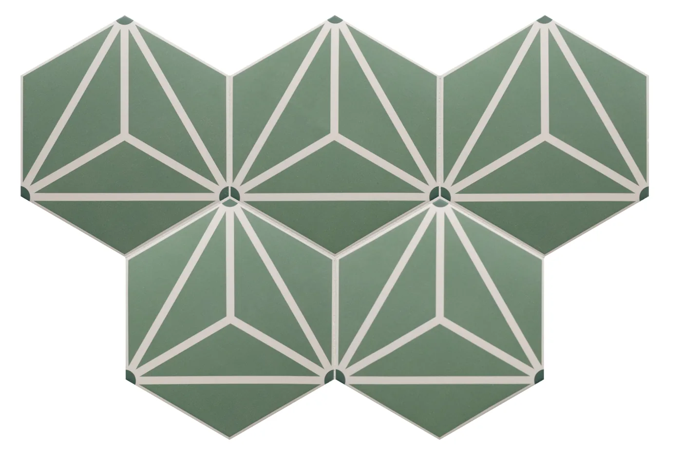 Sechseckige Musterfliese mit geometrischem Sternmotiv in Grün mit hellen Linien, matt, im Wabenverband.