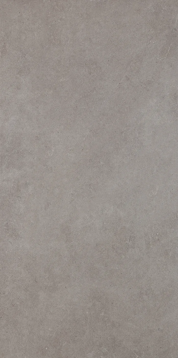Mittelgraue Feinsteinzeug-Fliese 60×120 cm in Steinoptik, matt, mit feinen hellen Einsprengseln und leichter Wolkung.