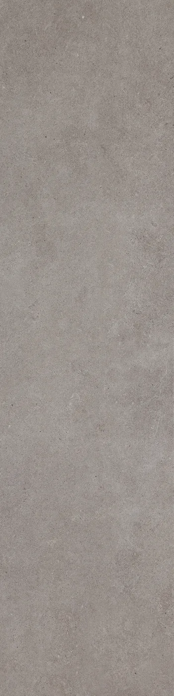 Mittelgraue Feinsteinzeug-Fliese 30×120 cm in Steinoptik, matt, mit feinen hellen Einsprengseln und leichter Wolkung.