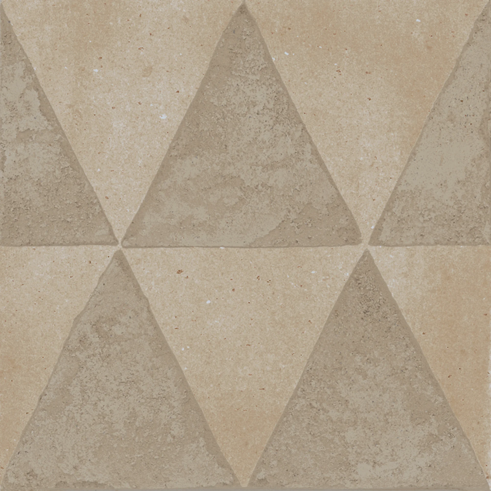 Quadrat-Fliese 20x20 cm in sandig-beigem Sabbia-Ton mit aufgesetztem Dreieck-Muster (Triangoli), matt veredelt.