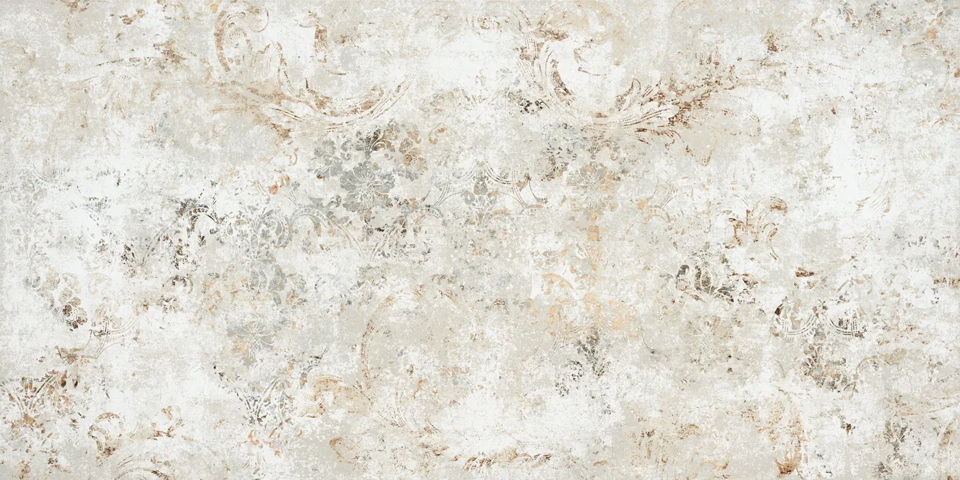 Wand- und Bodenfliese 60×120 cm mit weißem Patinagrund und rostbraunen Sprenkeln, seidenmatte Oberfläche.