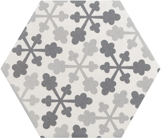 Equipe Hexatile Harmony B&W: sechseckige Dekorfliese mit grau-weißem Blüten-Ornamentmuster, Feinsteinzeug, 17,5x20 cm.