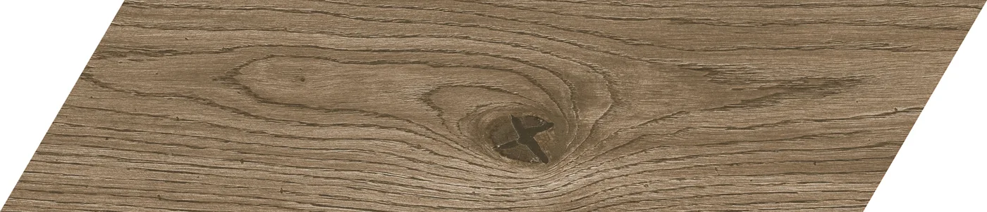 Mittelbraune Holzoptik-Fliese als Parallelogramm für Fischgrätverlegung, 11x54 cm, mit Eichenmaserung und Astknoten.