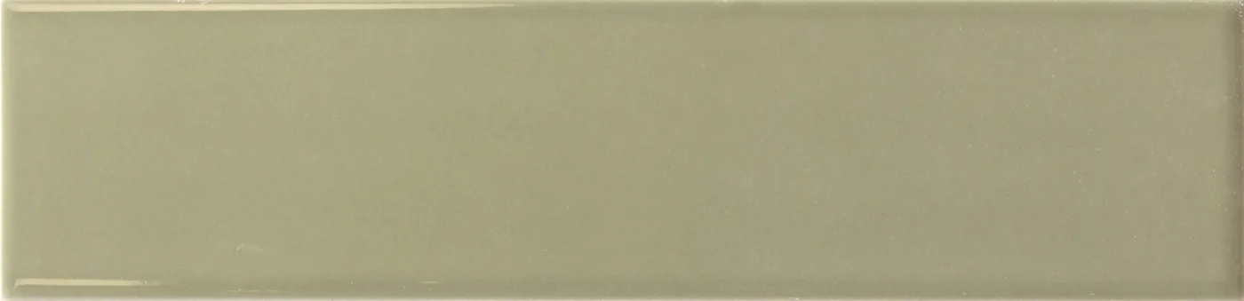 Rechteckige Wandfliese in gedämpftem Olivgrün, glänzend, glatte einfarbige Oberfläche, im Format 6x24,6 cm.