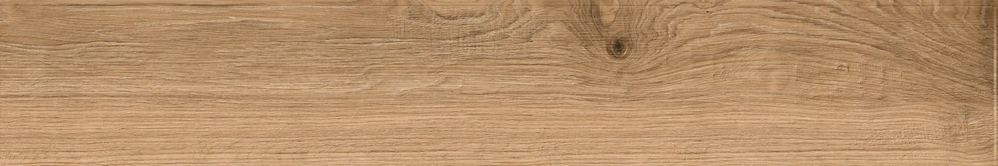 Honigbeige Holzoptik-Fliese 25×150 cm in Dielenform, matt, mit feiner Längsmaserung und dunklen Ast.