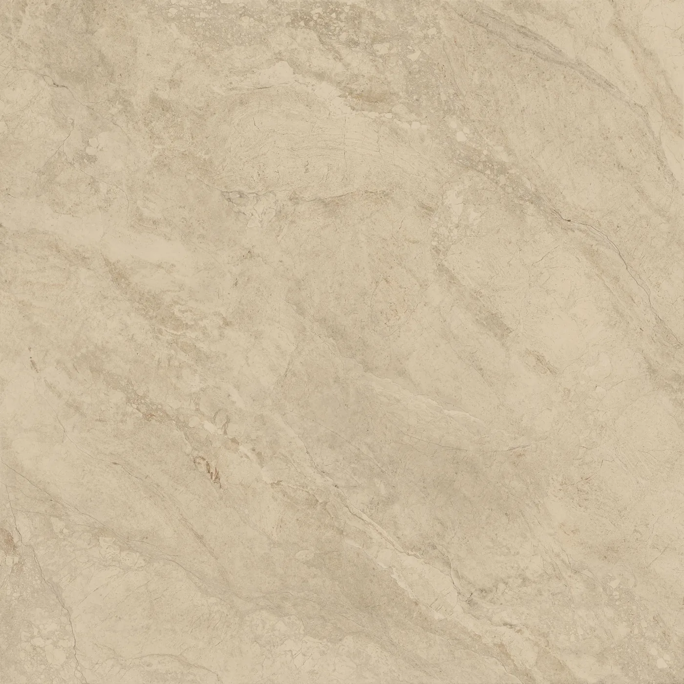 Sandbeige Fliese in Marmoroptik 120×120 cm in seidenmattem Finish, mit feinen hellen Adern über die ganze Fläche.