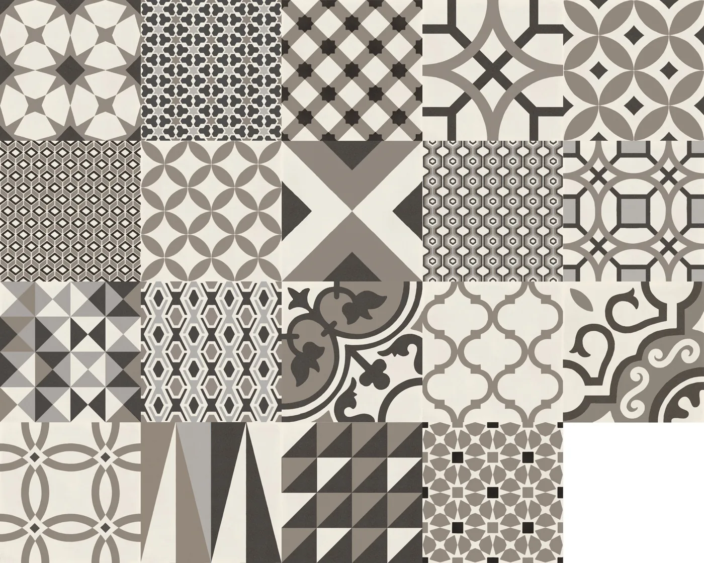 Quadrat-Fliese 20x20 cm, matt, als Patchwork vieler kleiner Muster in Braun, Taupe und Creme.