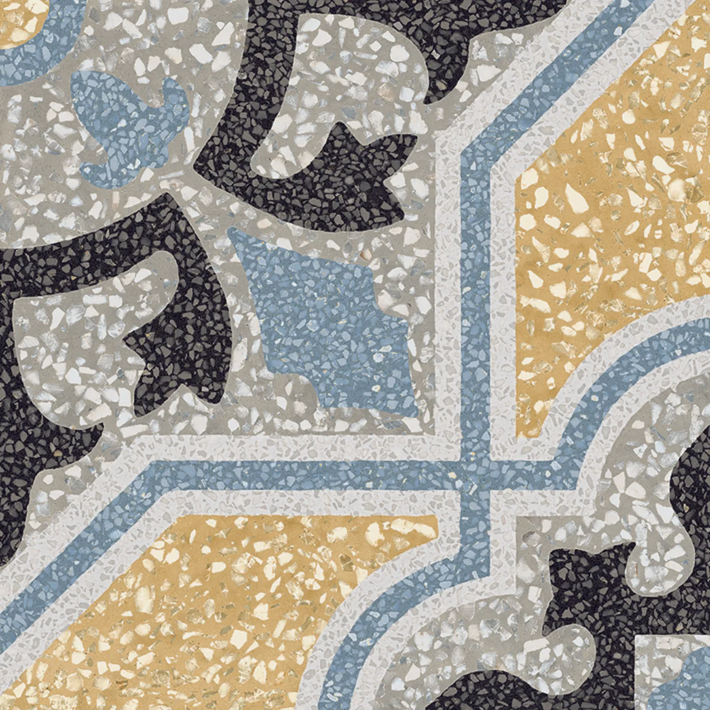 Terrazzo-Dekorfliese 20x20 cm, Felder in Ockergelb und Grau mit blauen Linien, blauen Blattmotiven und schwarzen Ranken.