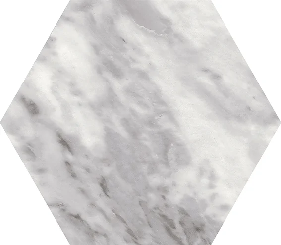 Sechseckige Wandfliese 17,5×20 cm in dunkelgraue Marmor-Optik, freigestellt mit feiner natürlicher Aderung.