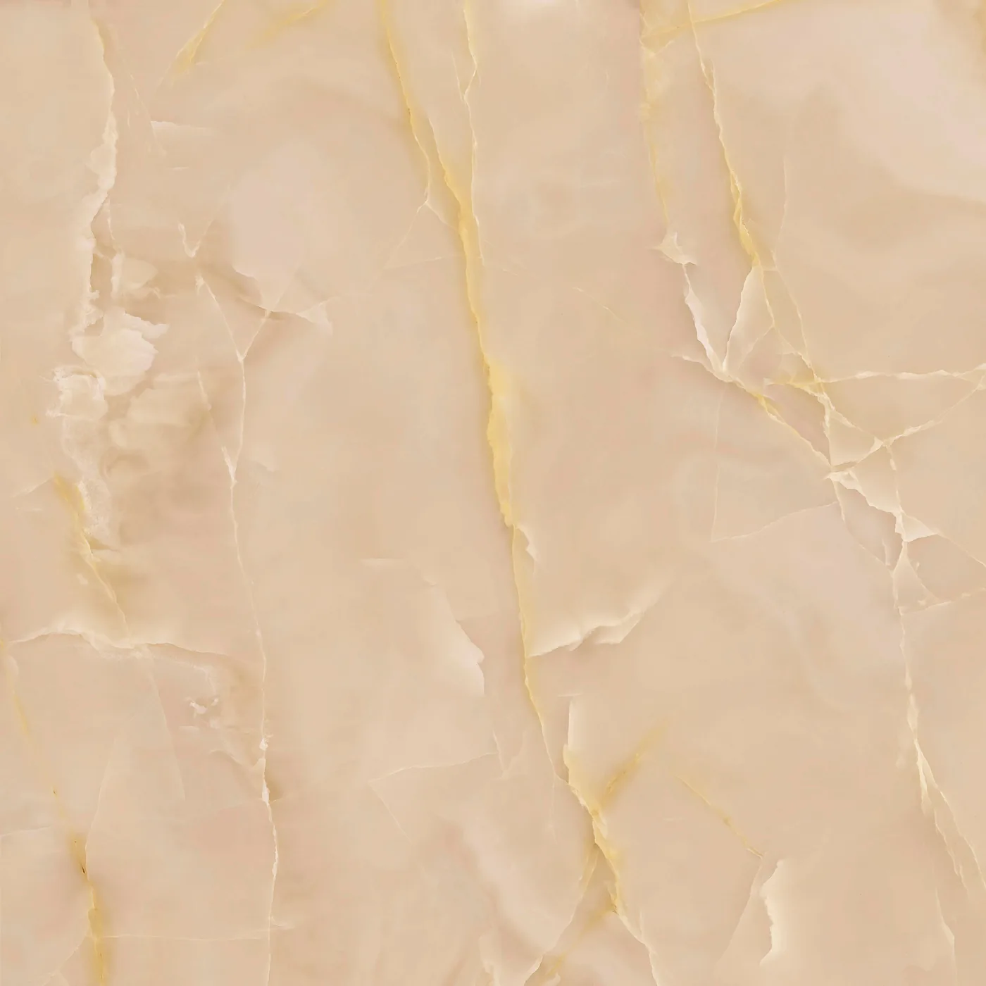 Pfirsichfarbene Onyxoptik-Fliese 120x120 cm in matter Ausführung, mit warmen goldenen Bändern über die ganze Fläche.