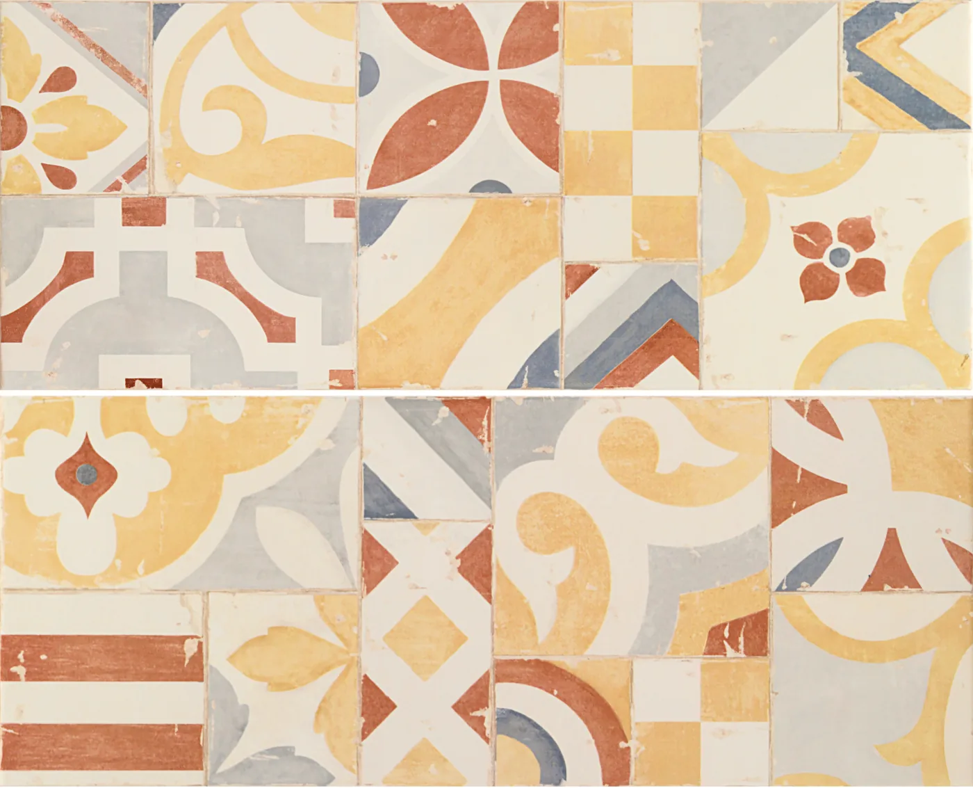 Marazzi Cloud Decoro Mandala Cream 20x50 cm, Dekorfliese mit Patchwork aus ockergelben und grauen Majolika-Mustern