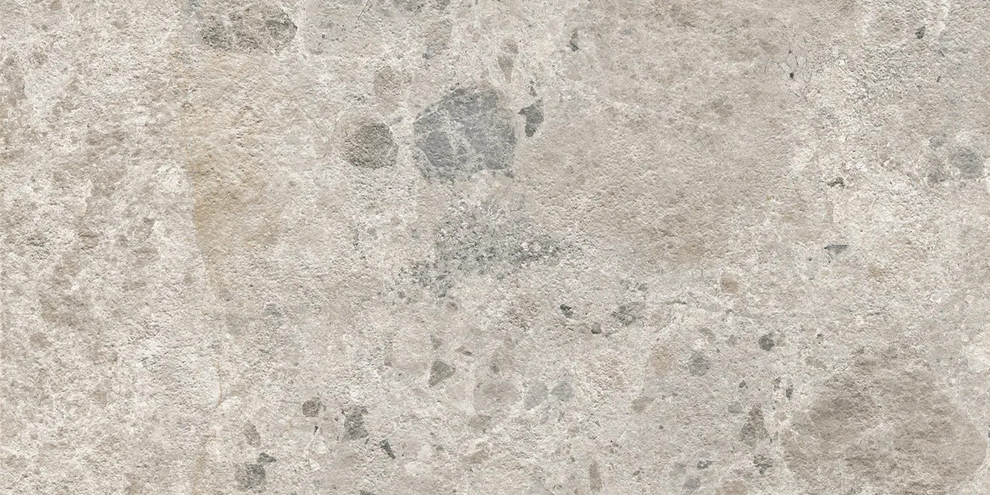 Graue Fliese 30×60 cm in Terrazzo-Optik mit hellen und dunkelgrauen Steinsplittern unterschiedlicher Größe.