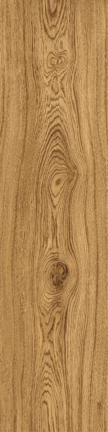 Warme karamellbraune Holzoptik-Fliese mit kräftiger Fladerung und dunklen Astlöchern, 30x120 cm, Draufsicht