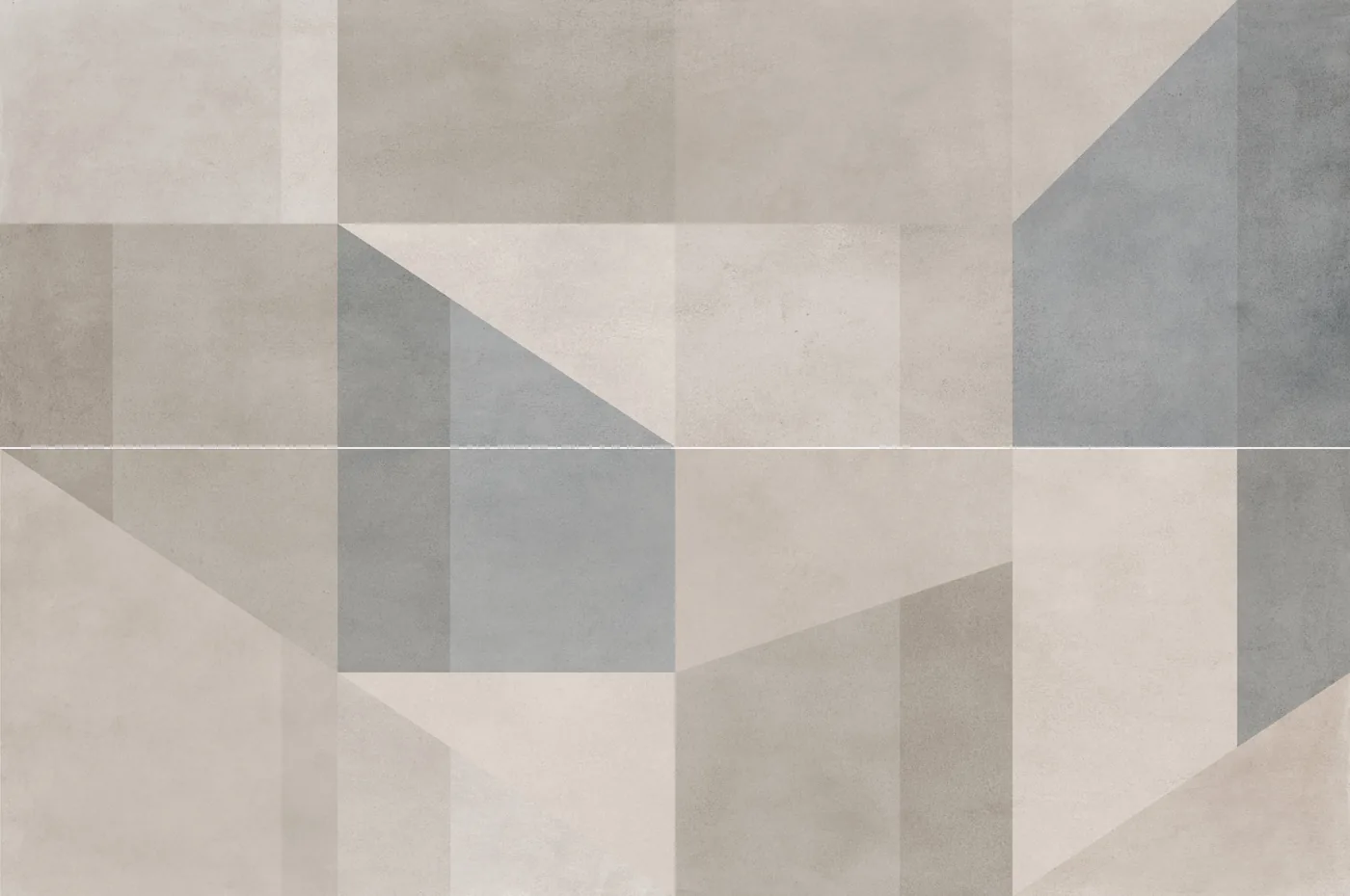 Wandfläche 60x180 cm mit geometrischem Dekor aus großen beigen und graublauen Dreiecksflächen.