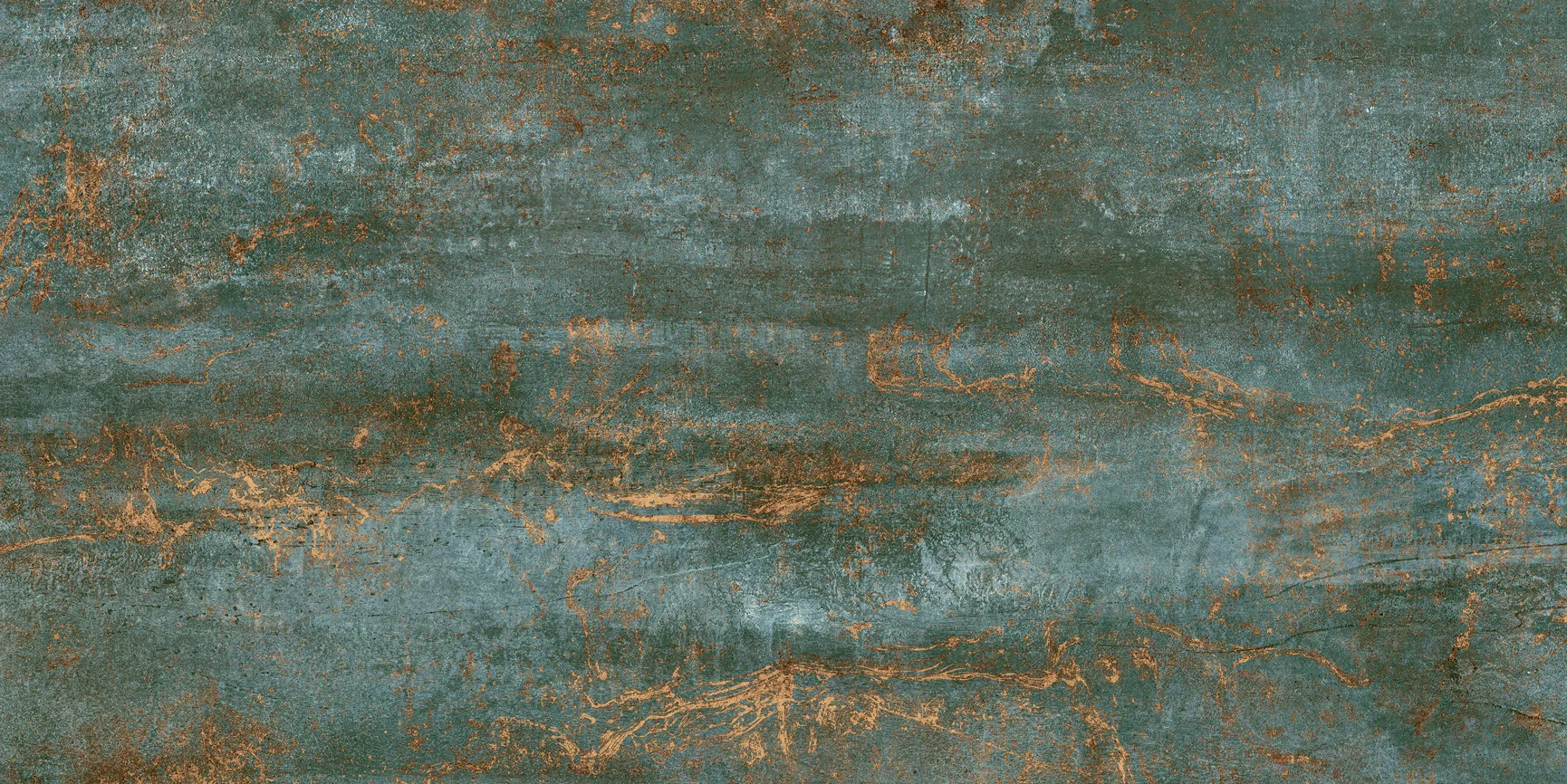Petrolfarbene Metalloptik-Fliese 30×60 cm, seidenmatt, mit kupferfarbenen Oxidadern.