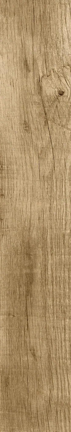 Holzoptik-Diele 20x120 cm in Beige, matte Oberfläche, rustikale Maserung mit Astloch und feinen Rissen, hochkant.