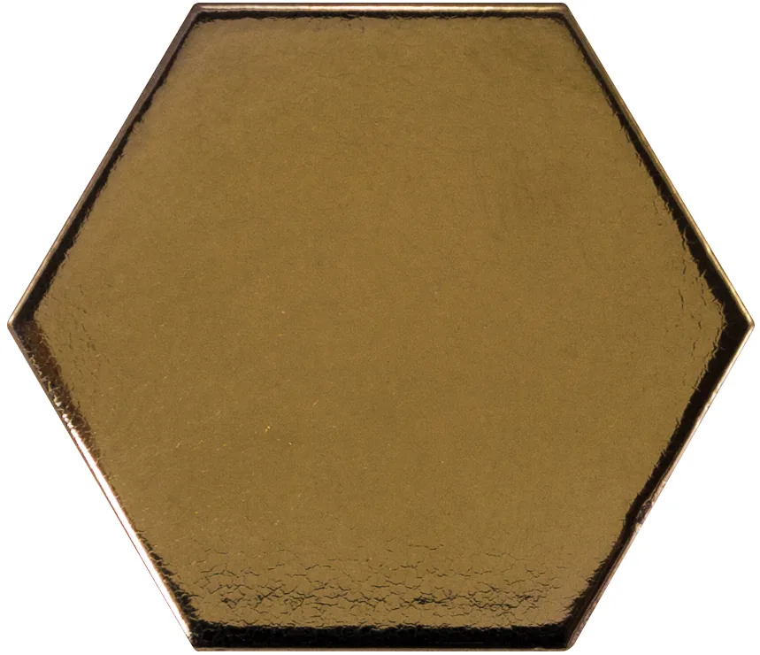 Sechseckige Wandfliese in metallischem Bronze, glänzend glasiert, Format 12,4x10,7 cm, mit gleichmäßig deckender Oberfläche.