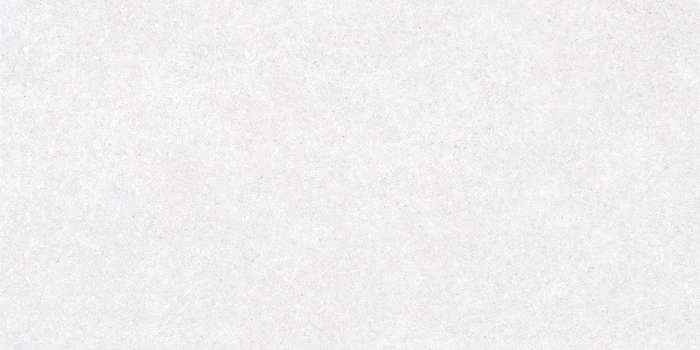 Weißgraue Steinoptik-Fliese 60x120 cm mit strukturierter Oberfläche, feine Körnung und helle Einsprengsel auf der Fläche.
