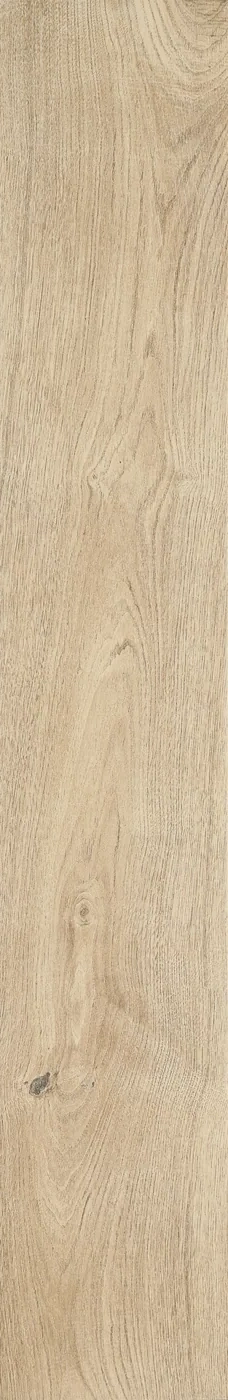 Stehende Holzoptik-Diele 20x120 cm in hellem, naturbeigem Eichenton mit feiner Maserung und kleinem Astloch unten links.