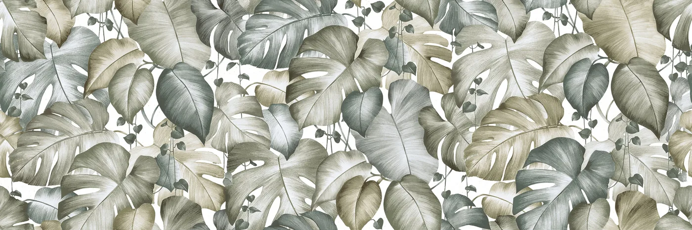 Matte Dekorfliese 30×90 cm mit dichten Monstera-Blättern in Graugrün und Khaki auf weißem Grund, frontal aufgenommen.
