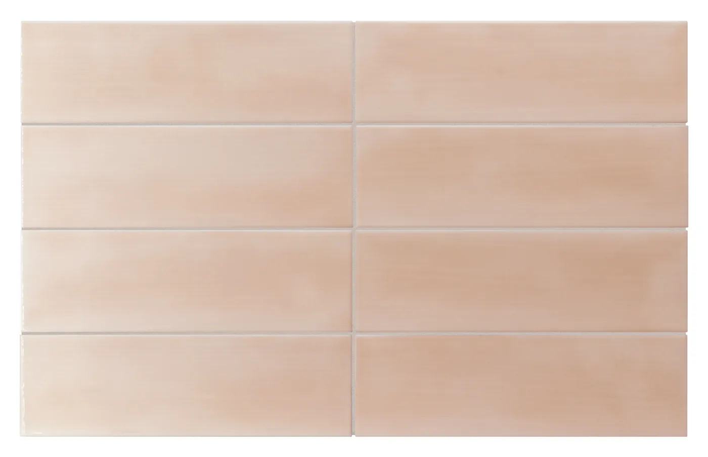 Glänzende zartrosa Wandfliese im Metroformat 6,5×20 cm mit wolkiger Lasur und sanften Farbverläufen im Blushton.