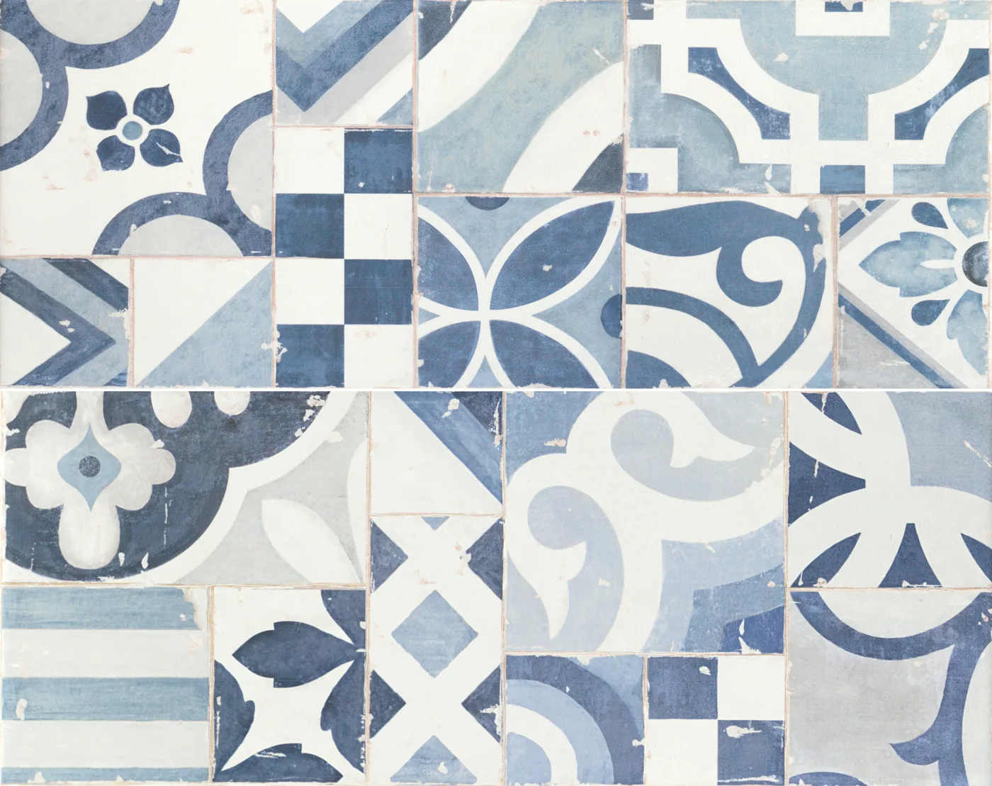 Marazzi Cloud Decoro Mandala Ice 20x50 cm, Dekorfliese mit blau-weißem Patchwork aus Majolika-Mustern