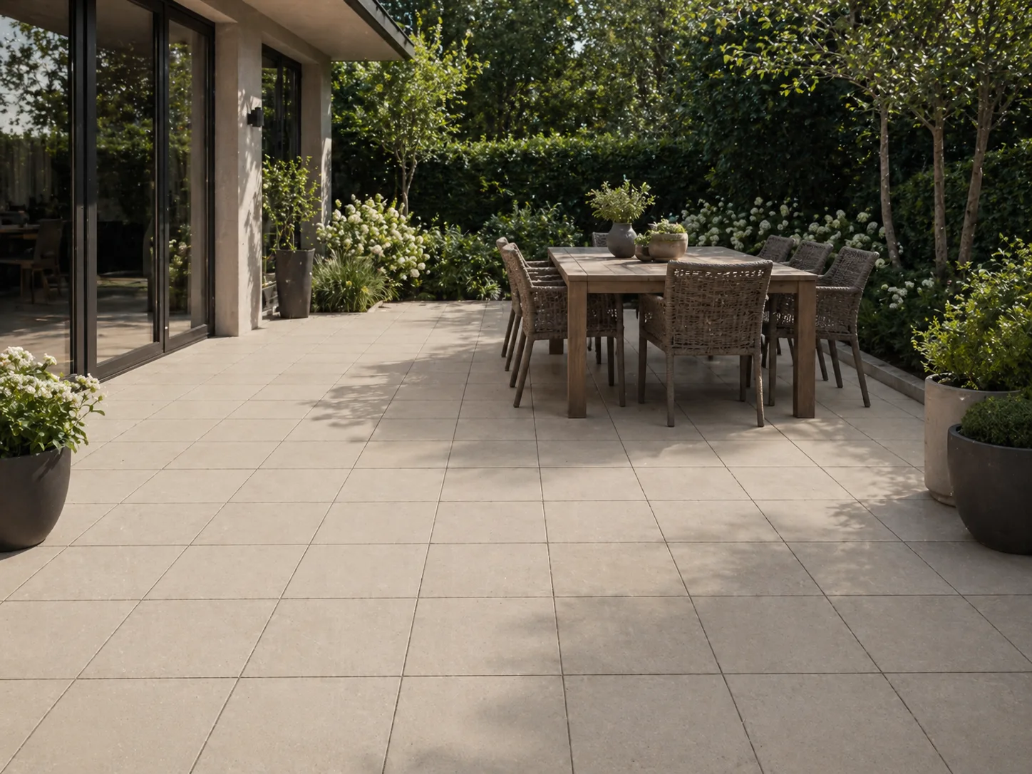 Helle Terrasse mit warmbeigen Boost Pro Cream Outdoor-Platten – KI-generiertes Beispielbild