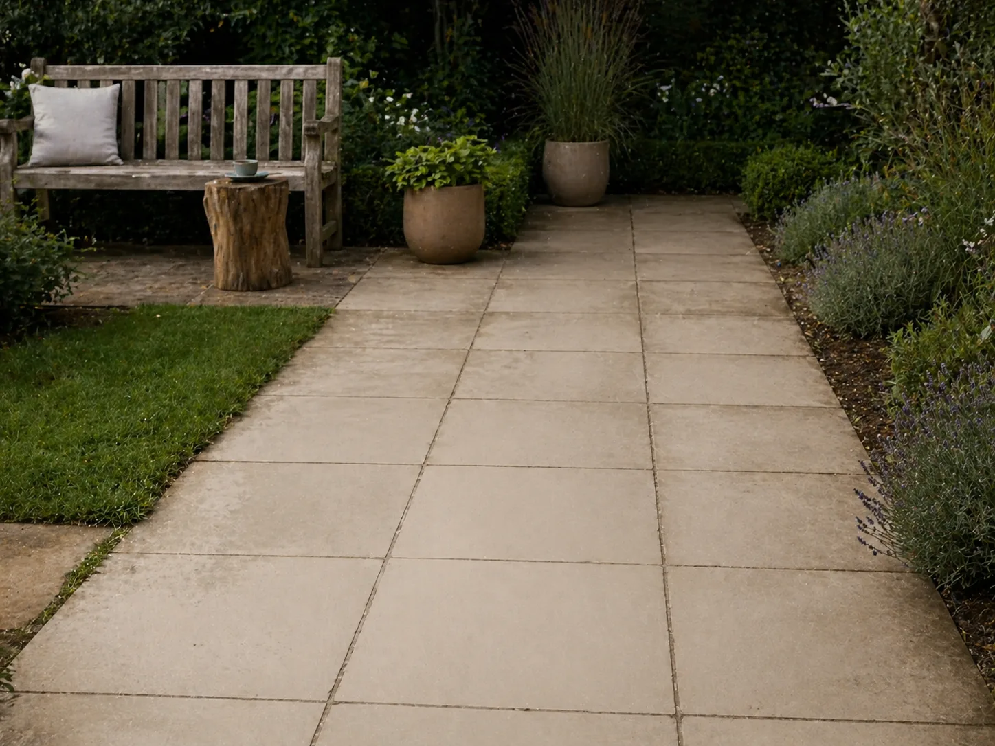 Mediterraner Außenbereich mit Boost Pro Cream Outdoor-Platten – KI-generiertes Beispielbild