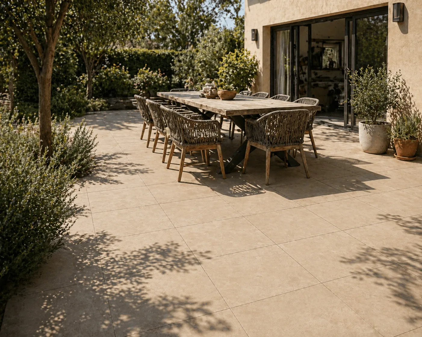 Moderne Terrasse mit graubeigen Boost Pro Outdoor-Platten – KI-generiertes Beispielbild