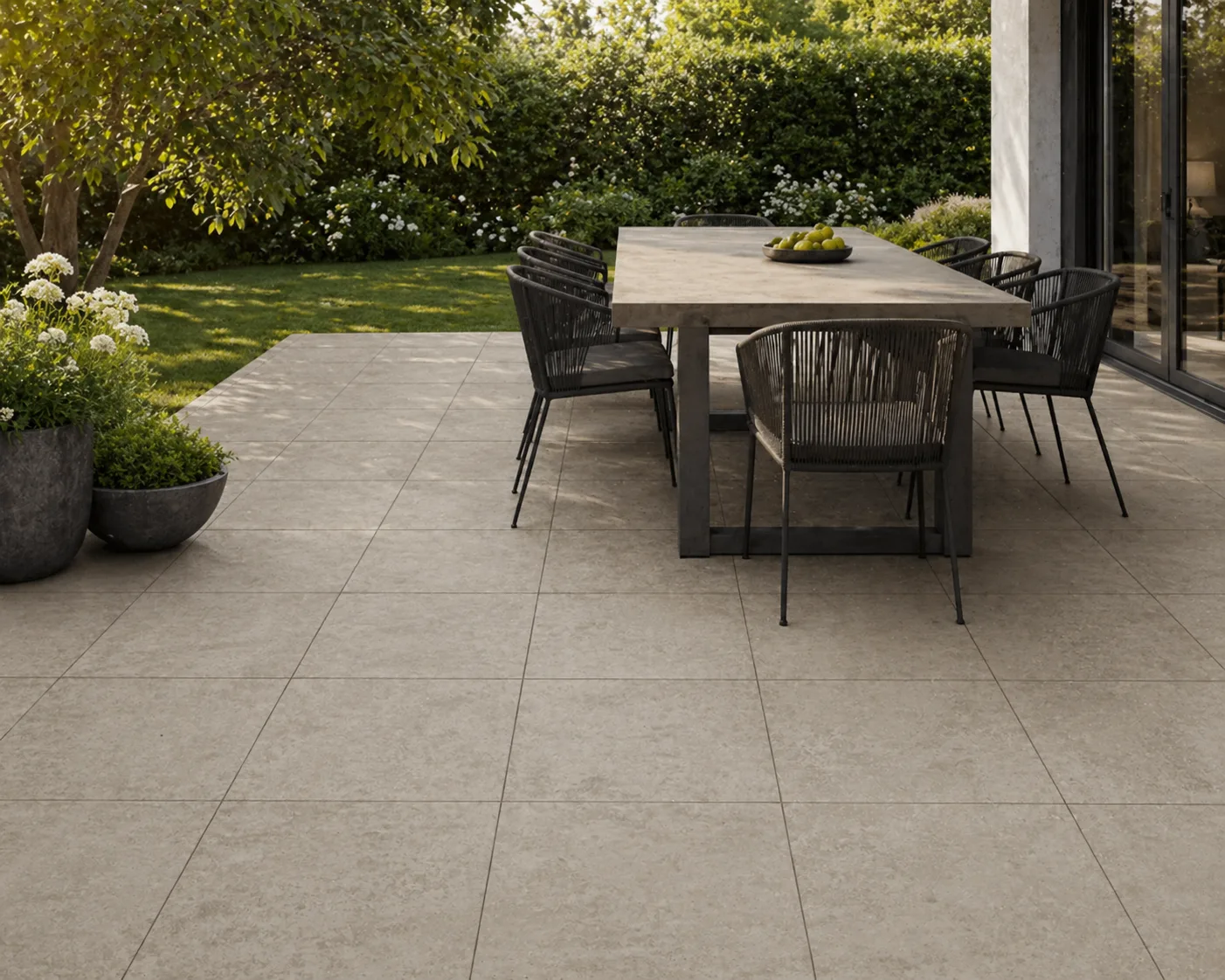 Moderne Terrasse mit taupegraunen Boost Pro Outdoor-Platten – KI-generiertes Beispielbild