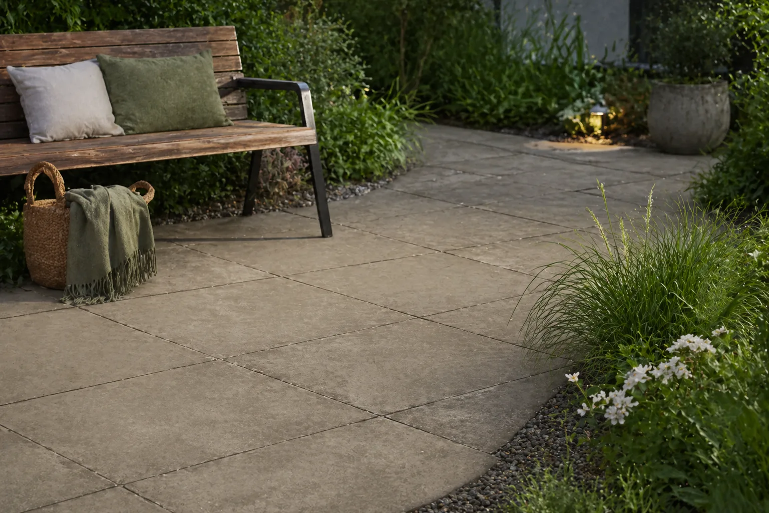 Architektonischer Außenbereich mit Boost Pro Taupe Outdoor-Platten – KI-generiertes Beispielbild