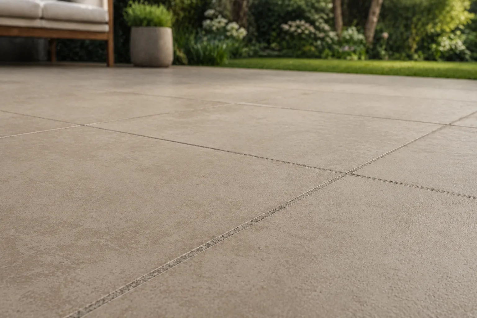 Pool-Umrandung mit taupegraunen Boost Pro Taupe Outdoor-Platten – KI-generiertes Beispielbild