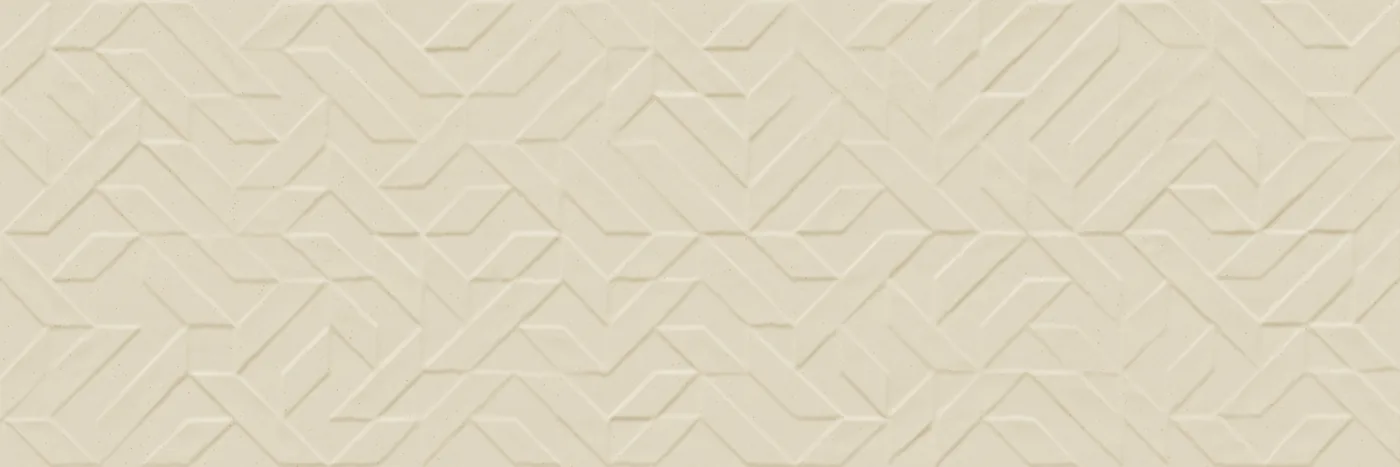 Elfenbeinfarbene matte Wandfliese 30×90 cm mit plastischem Relief aus geometrischen Linien Ton in Ton, frontal aufgenommen.