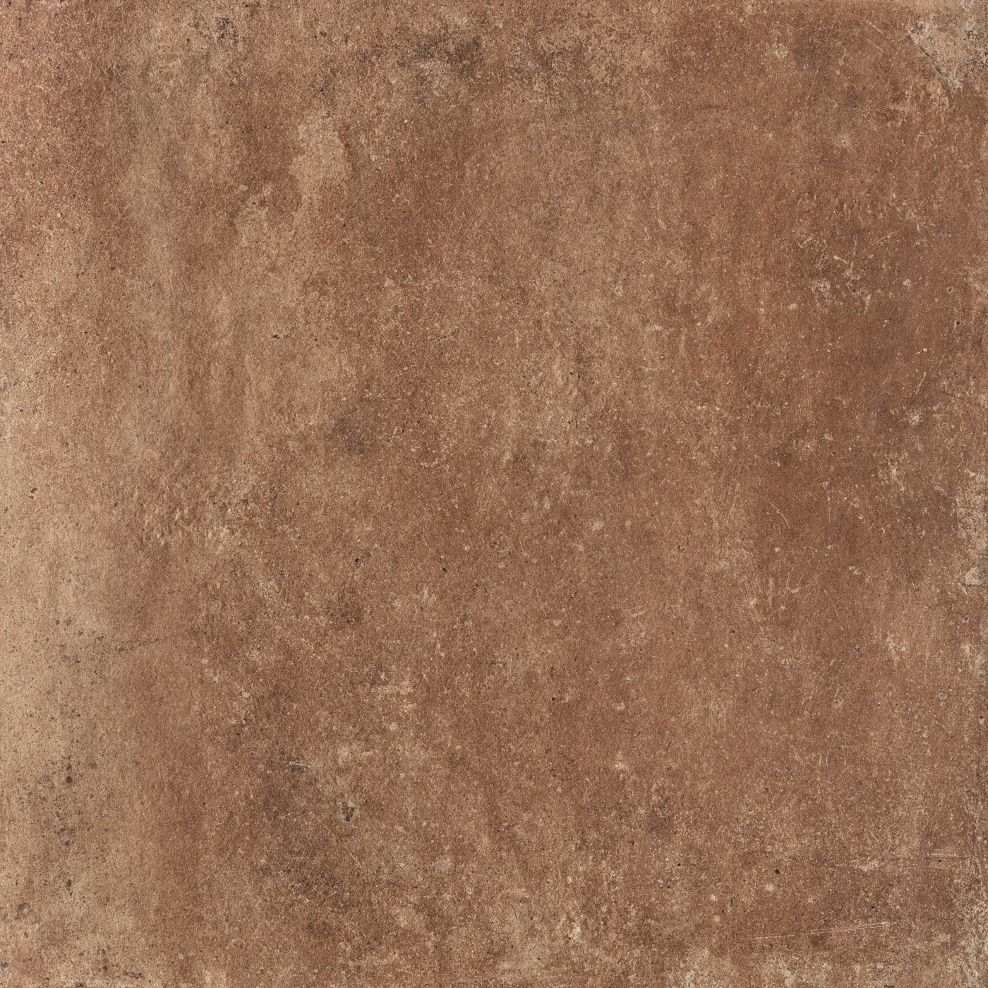 Terrakottafarbene Steinoptik-Fliese 20x20 cm, matt, mit wolkigen Rostbrauntönen und helleren Partien.