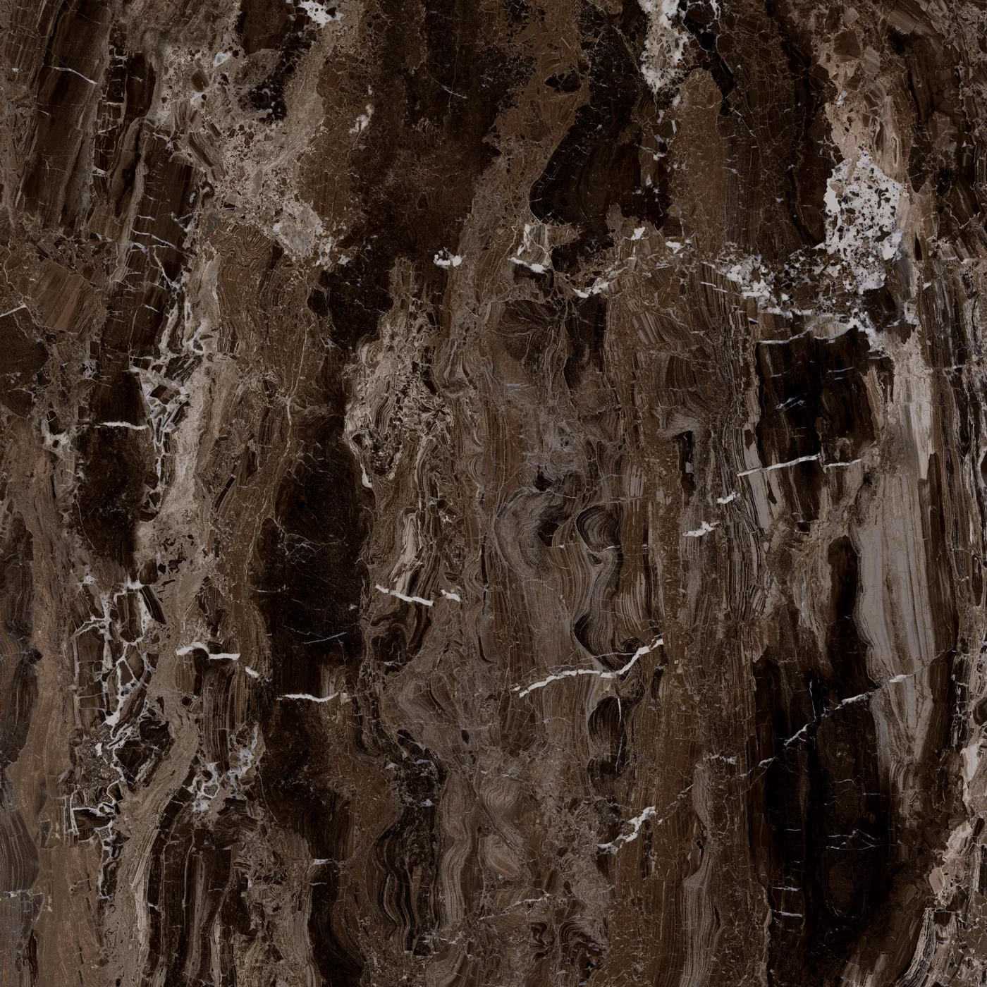 Dunkelbraune Marmoroptik-Platte im Format 120x120 cm mit matter Oberfläche und fließender, wolkiger Zeichnung.