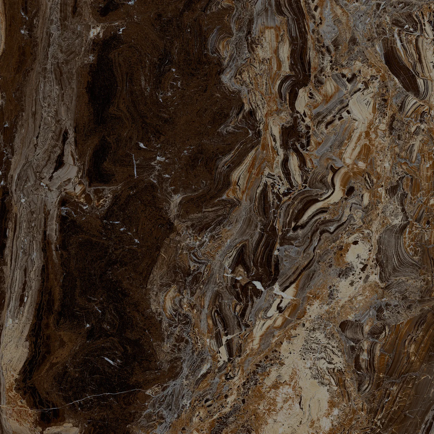 Dunkelbraune Marmoroptik-Fliese 60x60 cm in glänzender Ausführung, mit gewirbelten ockerfarbenen Bändern.