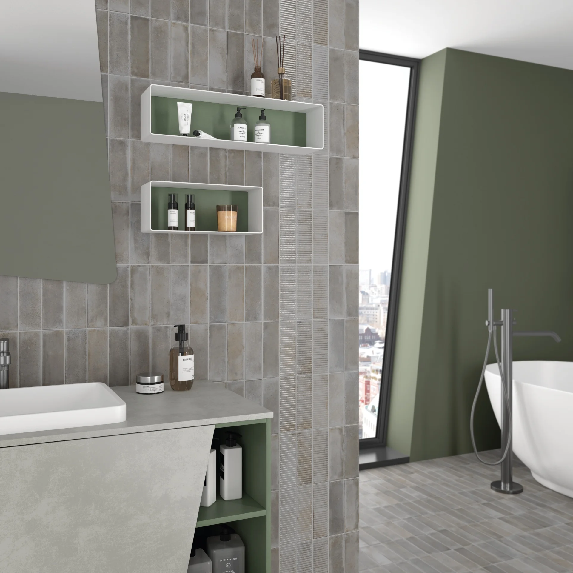 Equipe Raku Smoke matt - Badezimmer mit grauer Wandfliese