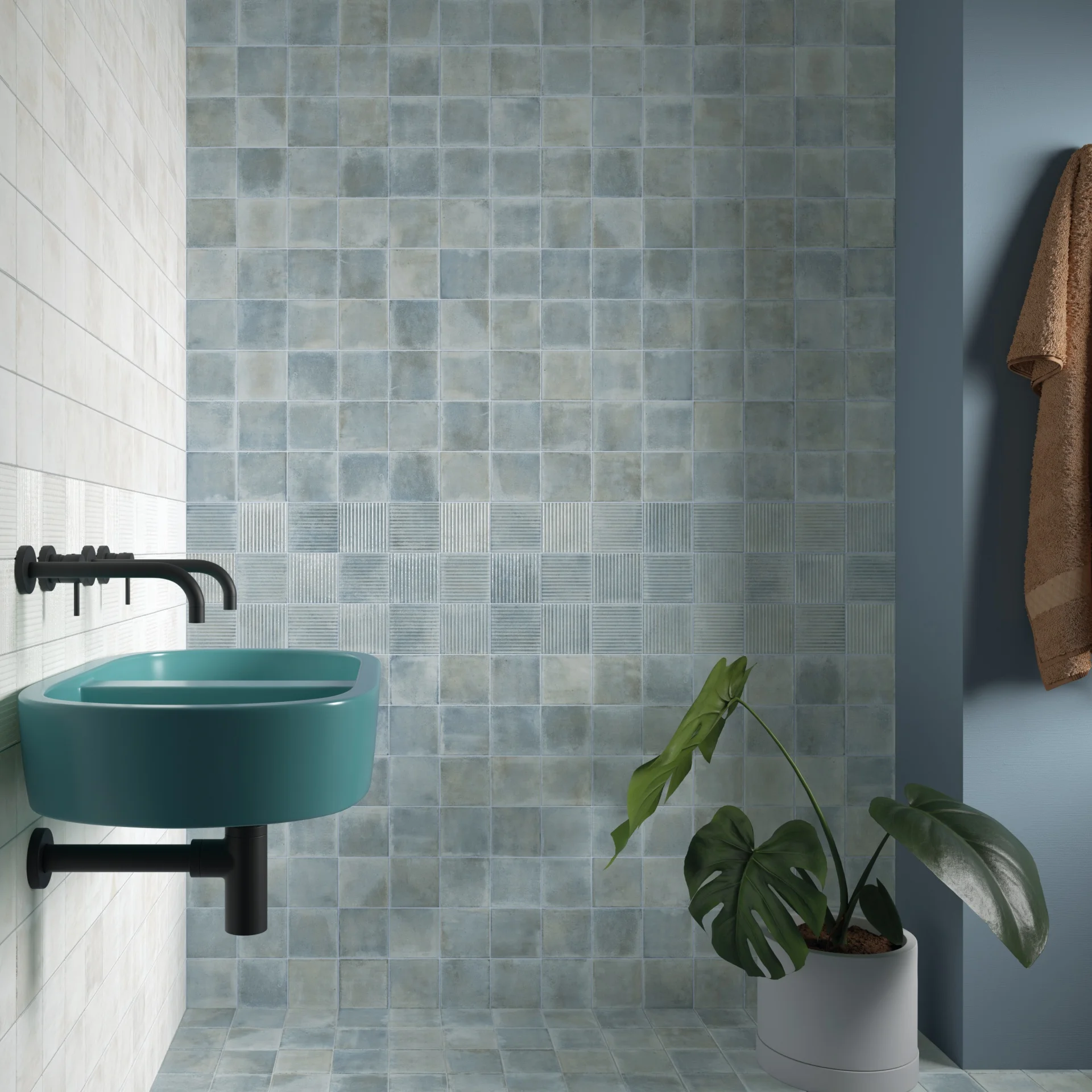 Equipe Raku Sea matt - Waschtisch mit meerblauer Wandfliese