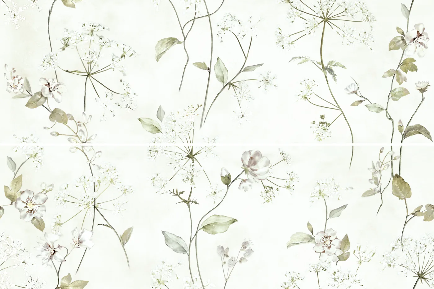 Zwei Wandfliesen übereinander mit zarten Gräsern, Doldenblüten und hellen Blüten auf weißem Grund.